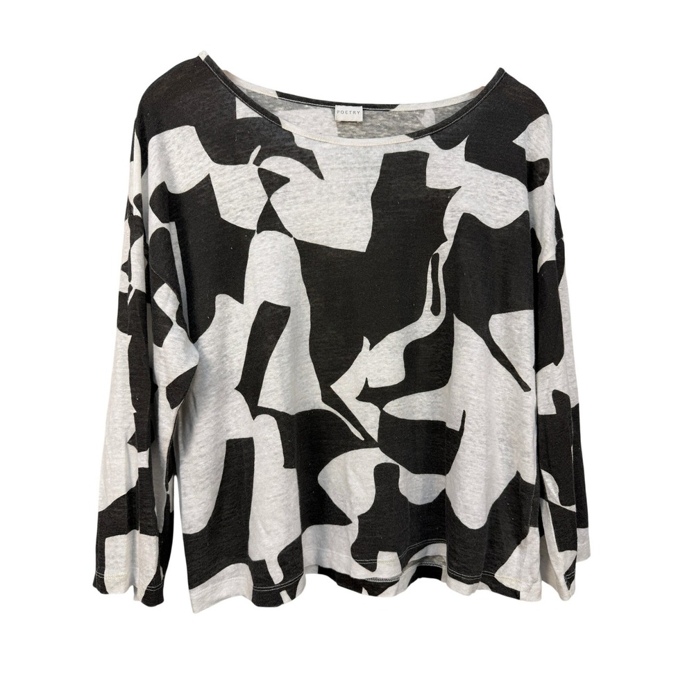 Poetry 100% Linen Slub Top Black‎ White Abstract Graphic 3/4 Sleeve Portugal